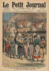 Børn klædt i kostumer fra provinserne paraderende ved indvielsen af monumentet Jules Ferry, Paris, illustration fra 